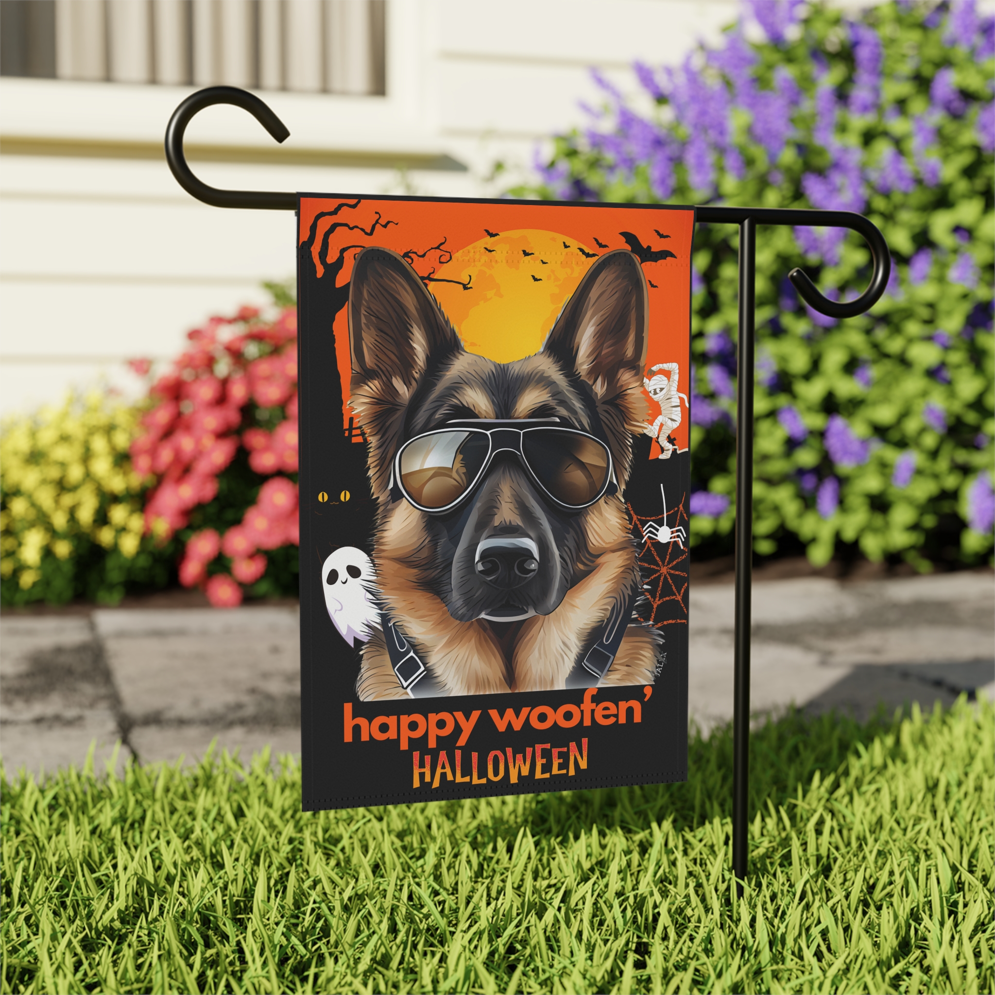 German Shepherd Flag, Garden Flag, Happy Woofen' Halloween, House Flag, Banner, Printed Both Sides - Image 4