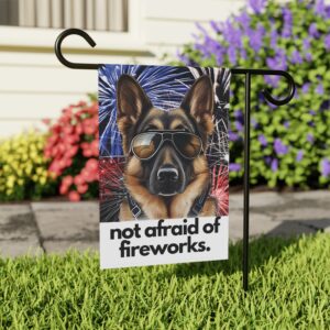 German Shepherd "not afraid of fireworks" July 4th Holiday Flag, Fireworks Graphic, Garden Flag, House Flag, Banner, Printed Both Sides