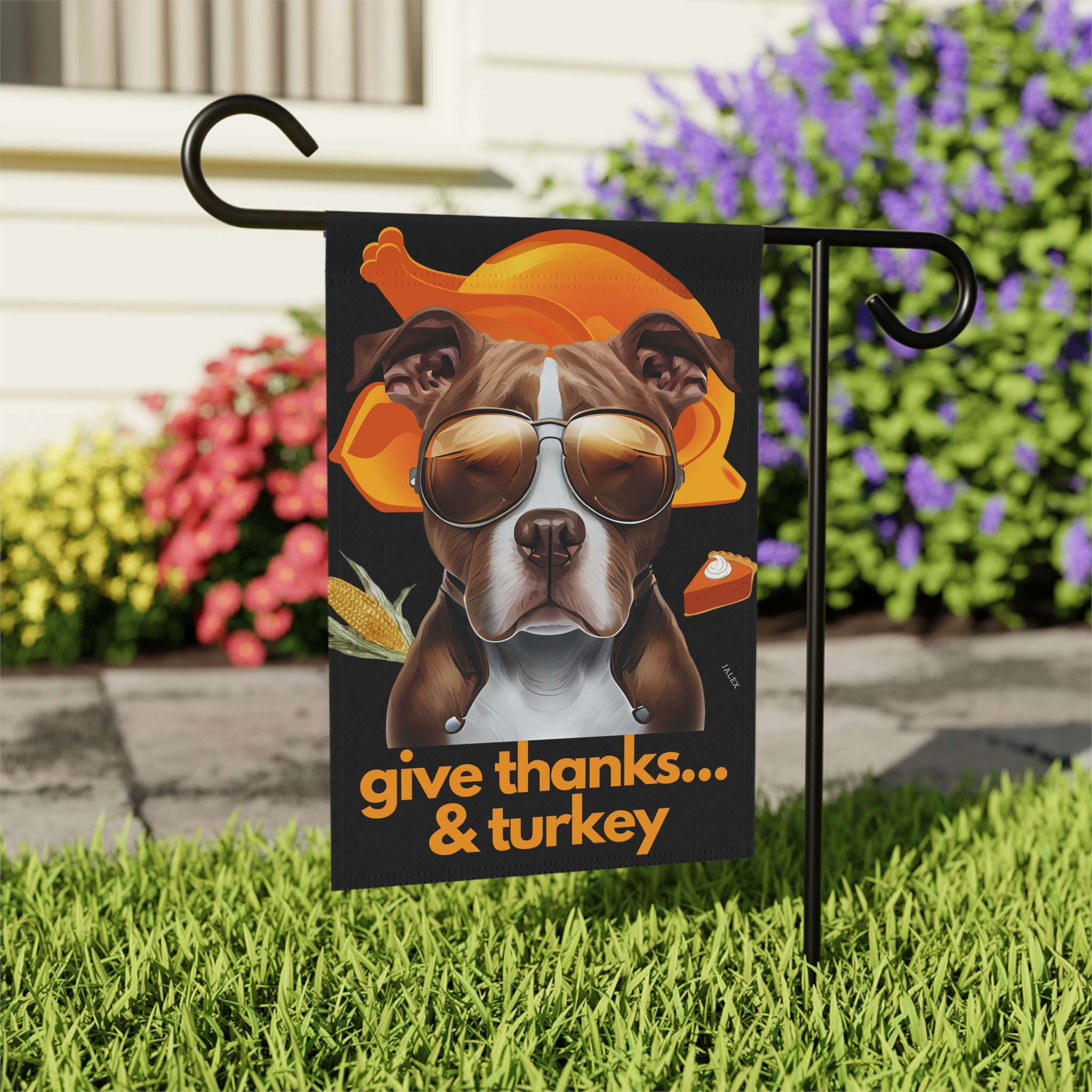 Pittie Flag, Garden Flag, Give Thanks & Turkey, House Flag, Banner, Printed Both Sides - Image 2