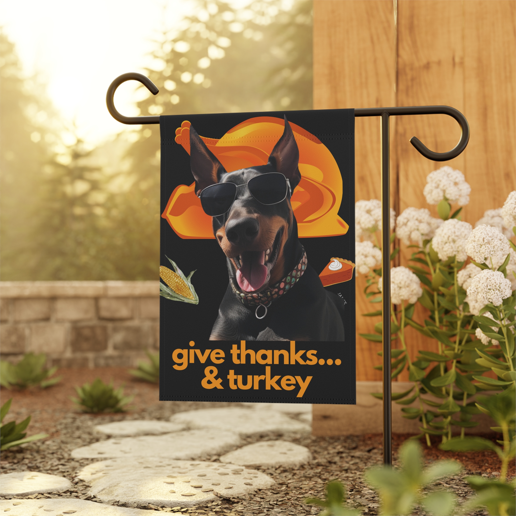 Doberman Flag, Garden Flag, Give Thanks & Turkey, House Flag, Banner, Printed Both Sides