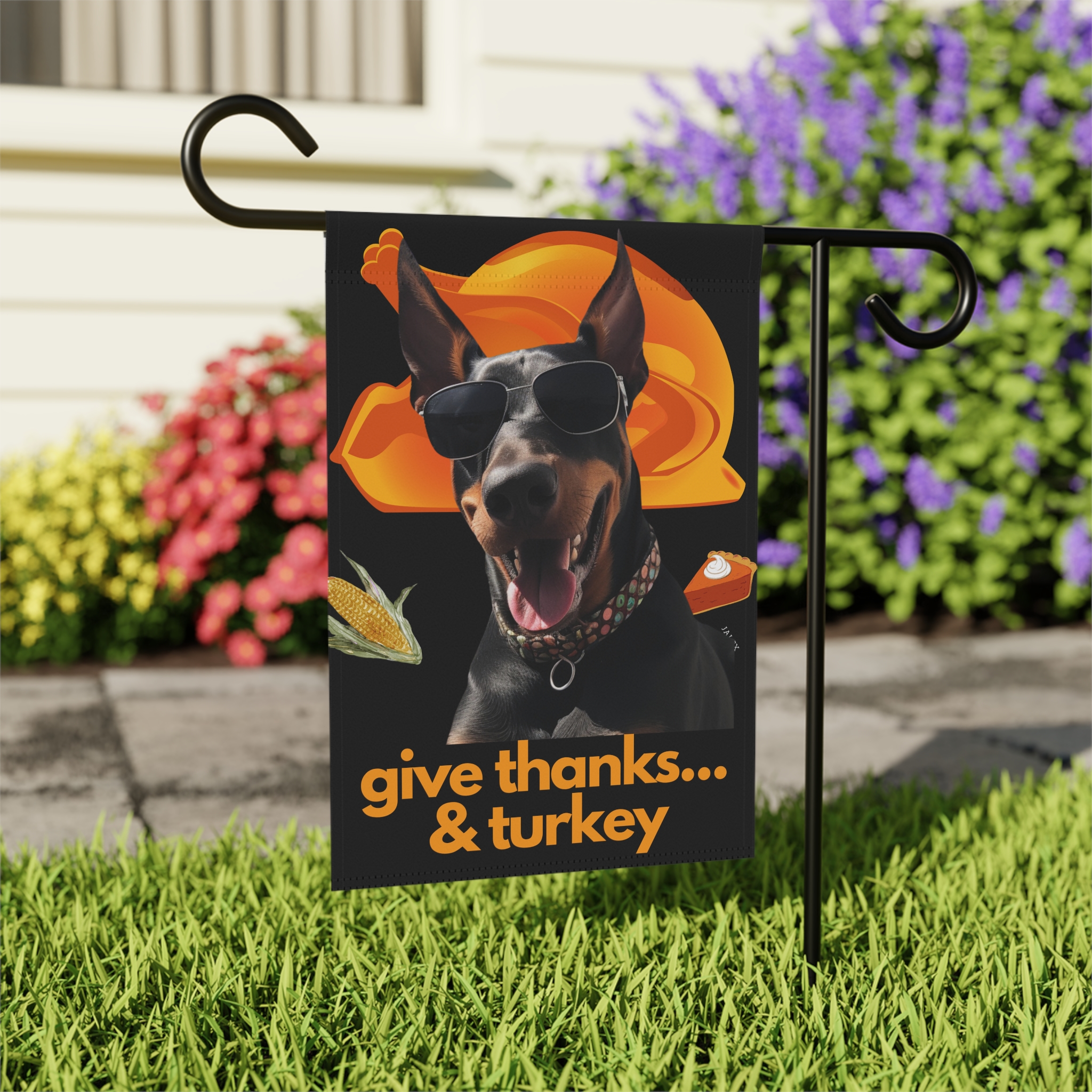 Doberman Flag, Garden Flag, Give Thanks & Turkey, House Flag, Banner, Printed Both Sides - Image 2