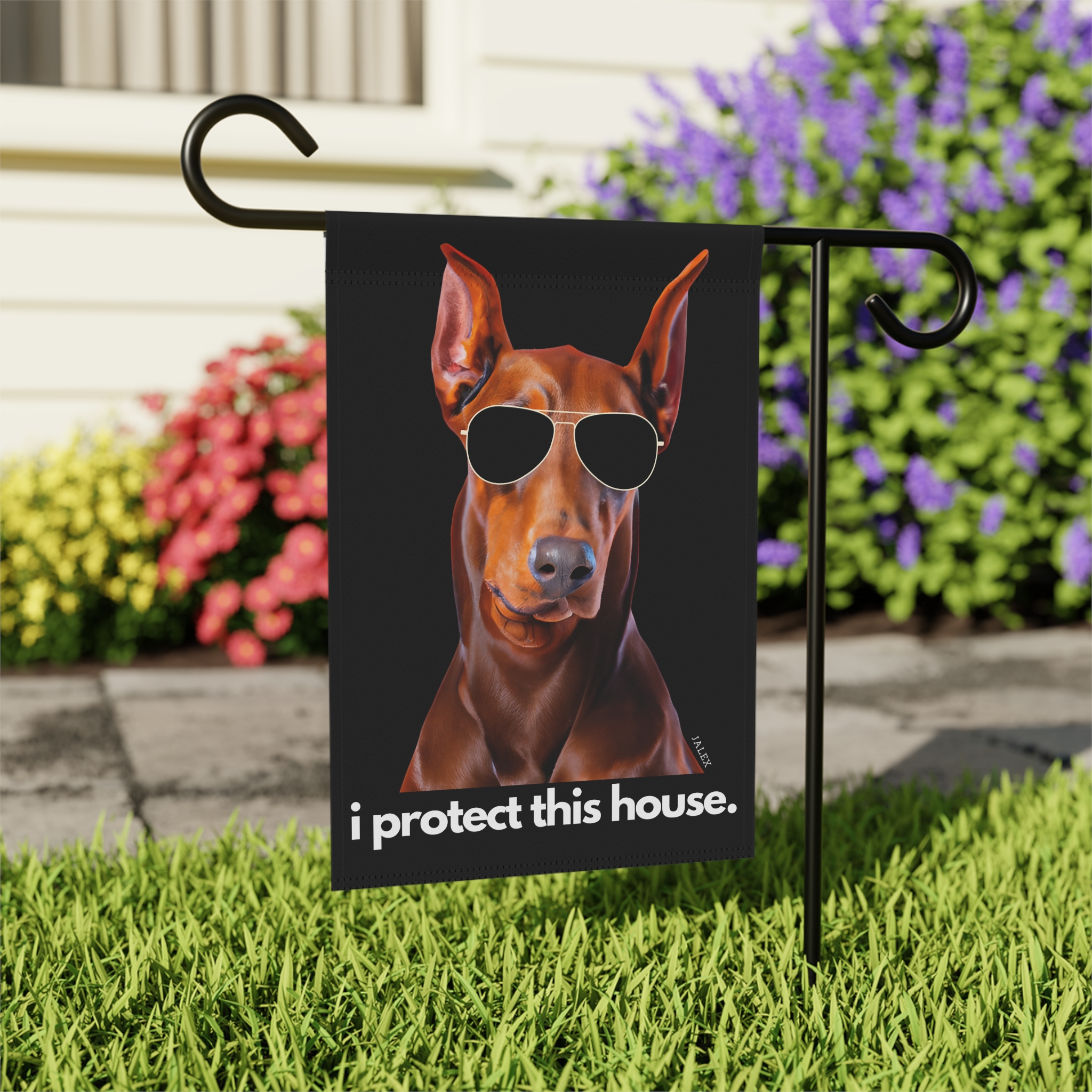 Red Doberman Flag, Garden Flag, I Protect This House, House Flag, Banner, Printed Both Sides - Image 5