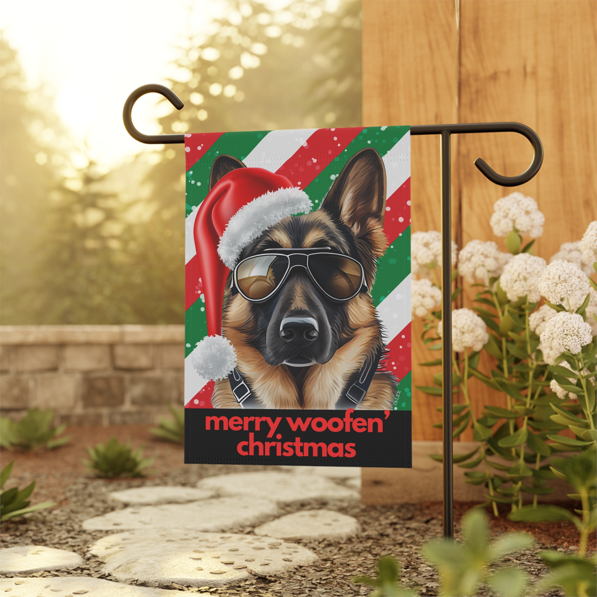 German Shepherd Flag, Garden Flag, Merry Woofen' Christmas, House Flag, Banner, Printed Both Sides - Image 3