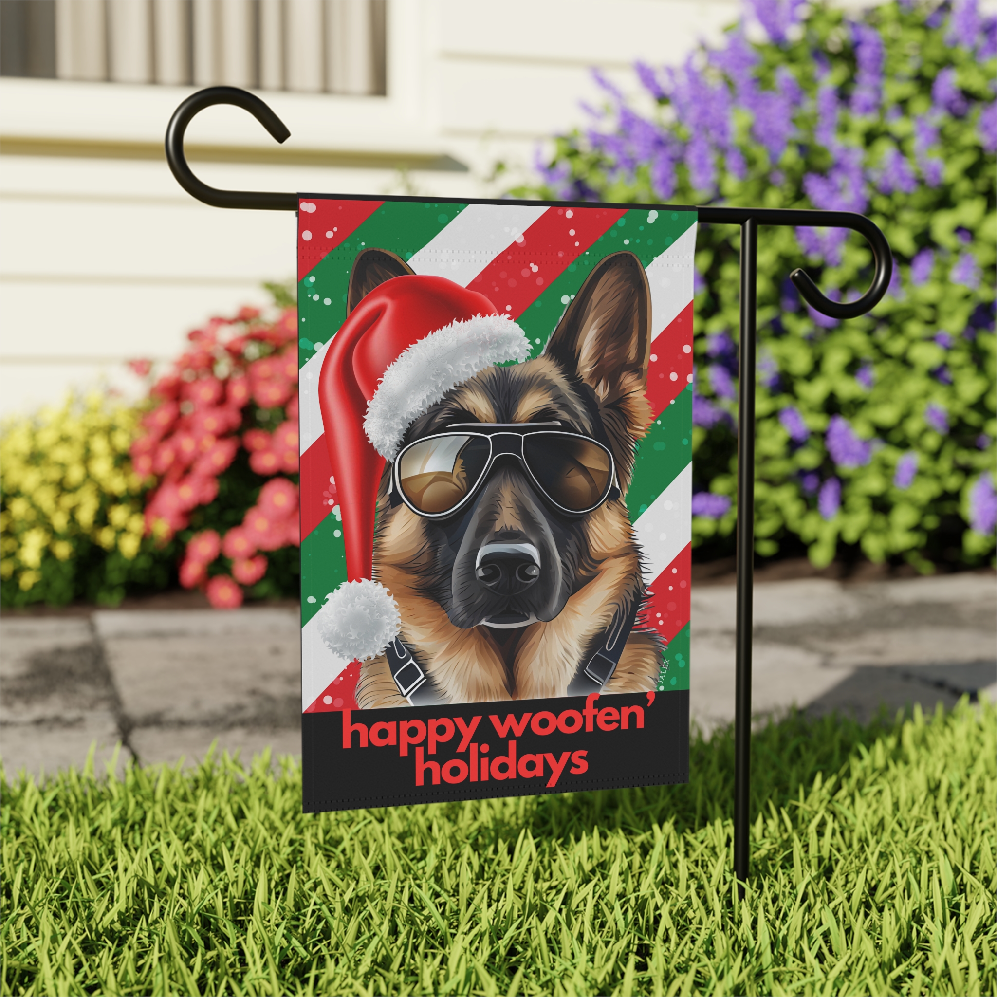 German Shepherd Flag, Garden Flag, Happy Woofen' Holidays, House Flag, Banner, Printed Both Sides - Image 4