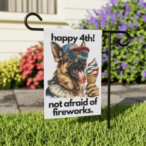 German Shepherd "happy 4th. not afraid of fireworks" July 4th Holiday Flag, Ice Cream Graphic, Garden Flag, House Flag, Printed Both Sides
