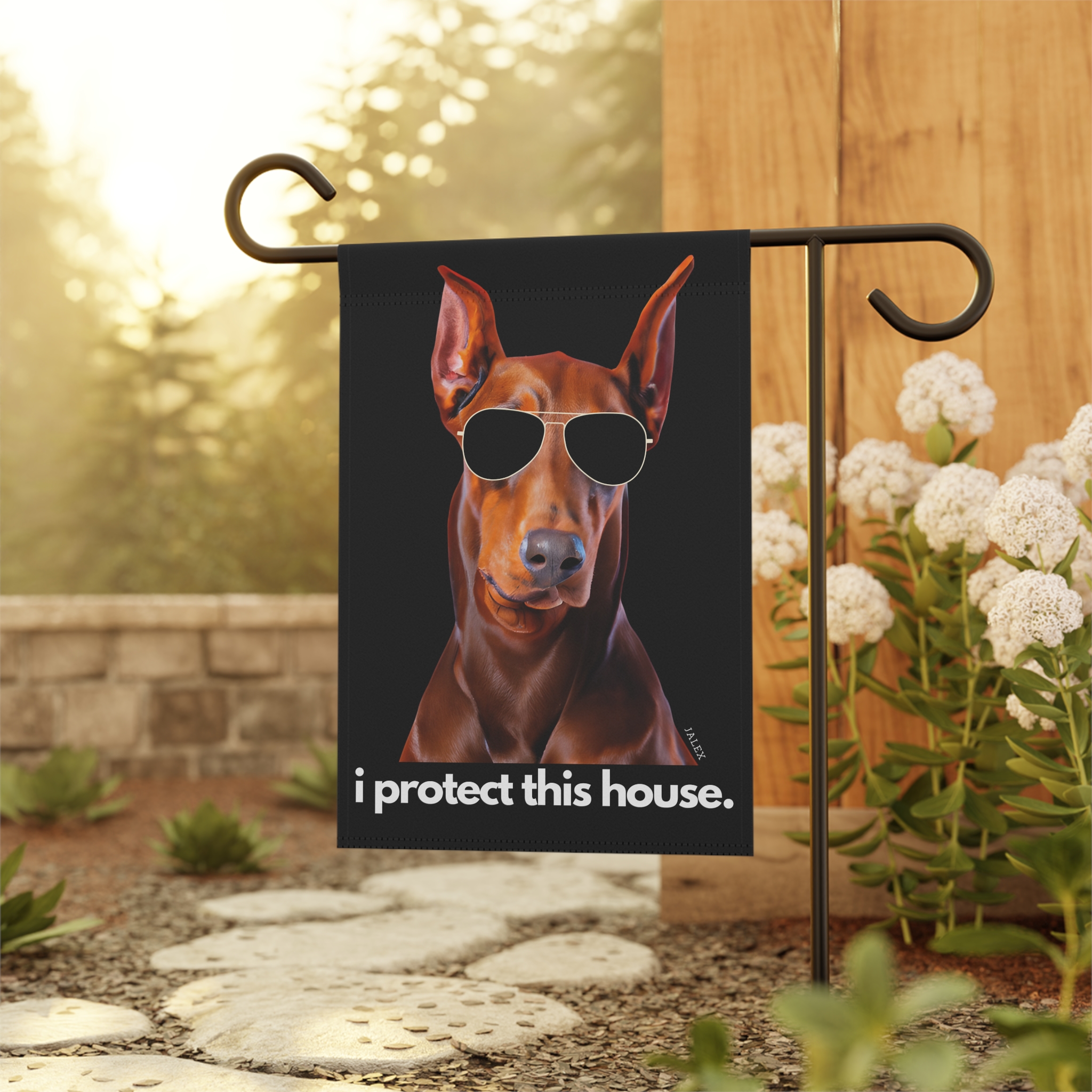 Red Doberman Flag, Garden Flag, I Protect This House, House Flag, Banner, Printed Both Sides - Image 4