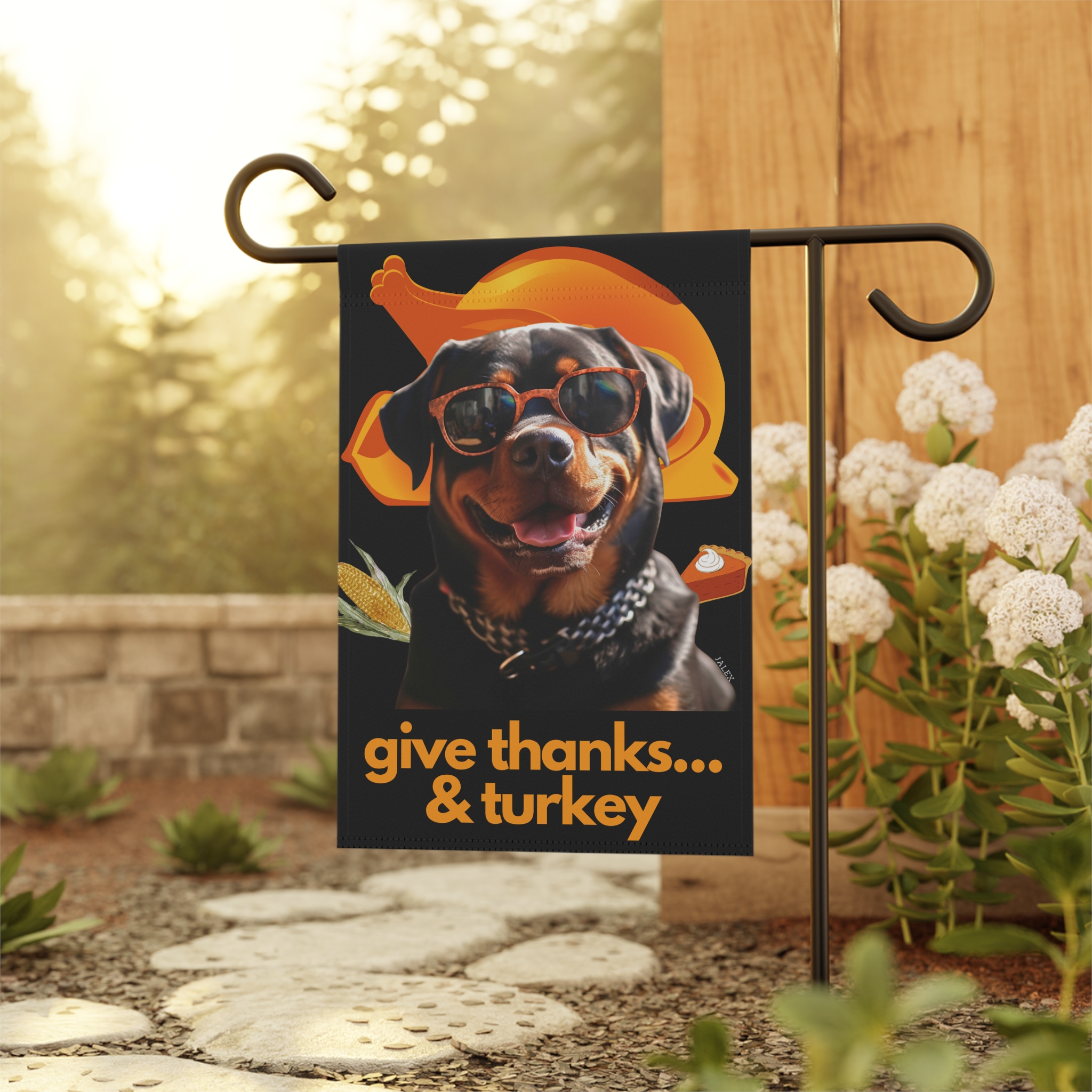 Rottweiler Flag, Garden Flag, Give Thanks & Turkey, House Flag, Banner, Printed Both Sides
