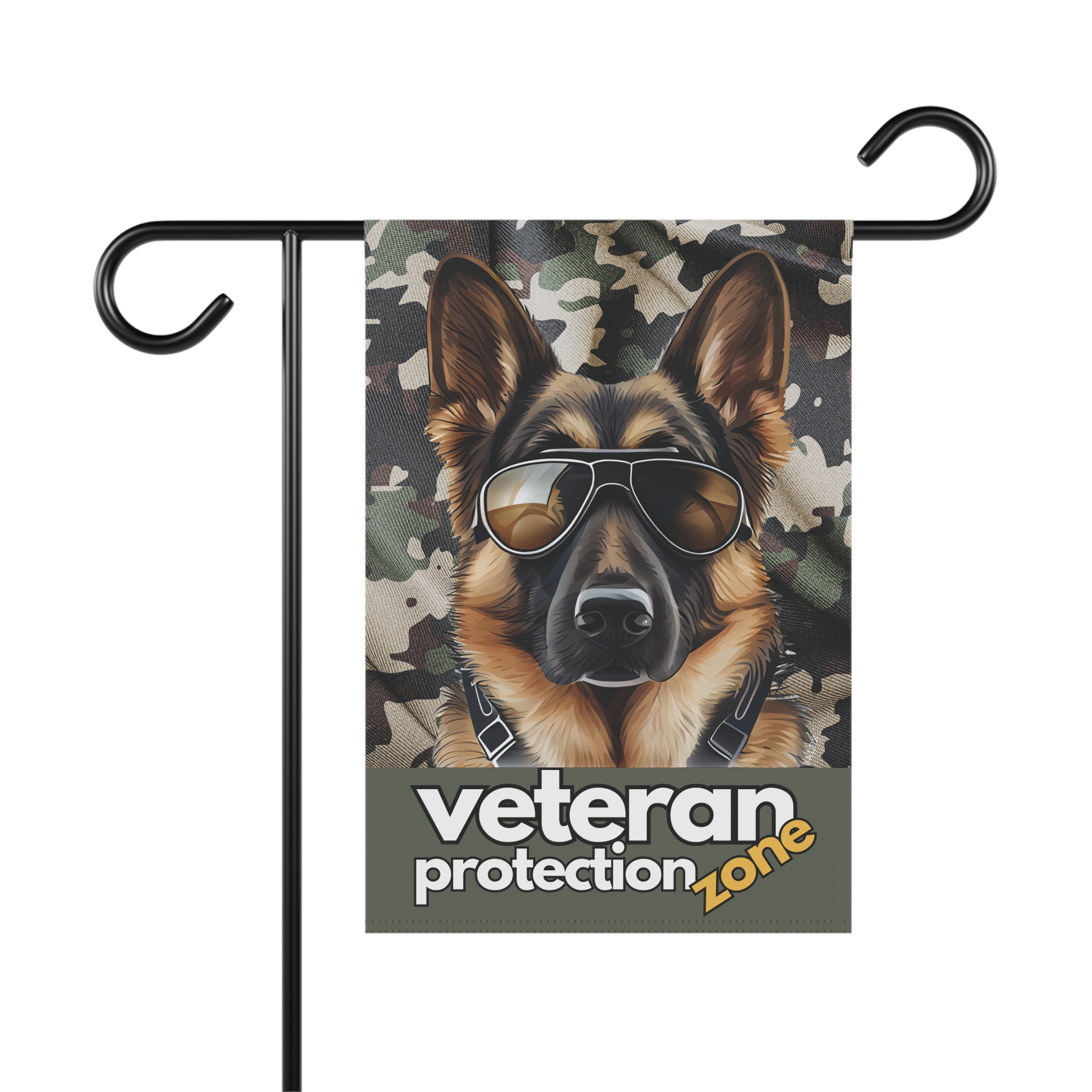 German Shepherd "veteran protection zone" Camo Graphic Background, Garden Flag, House Flag, Banner, Printed Both Sides