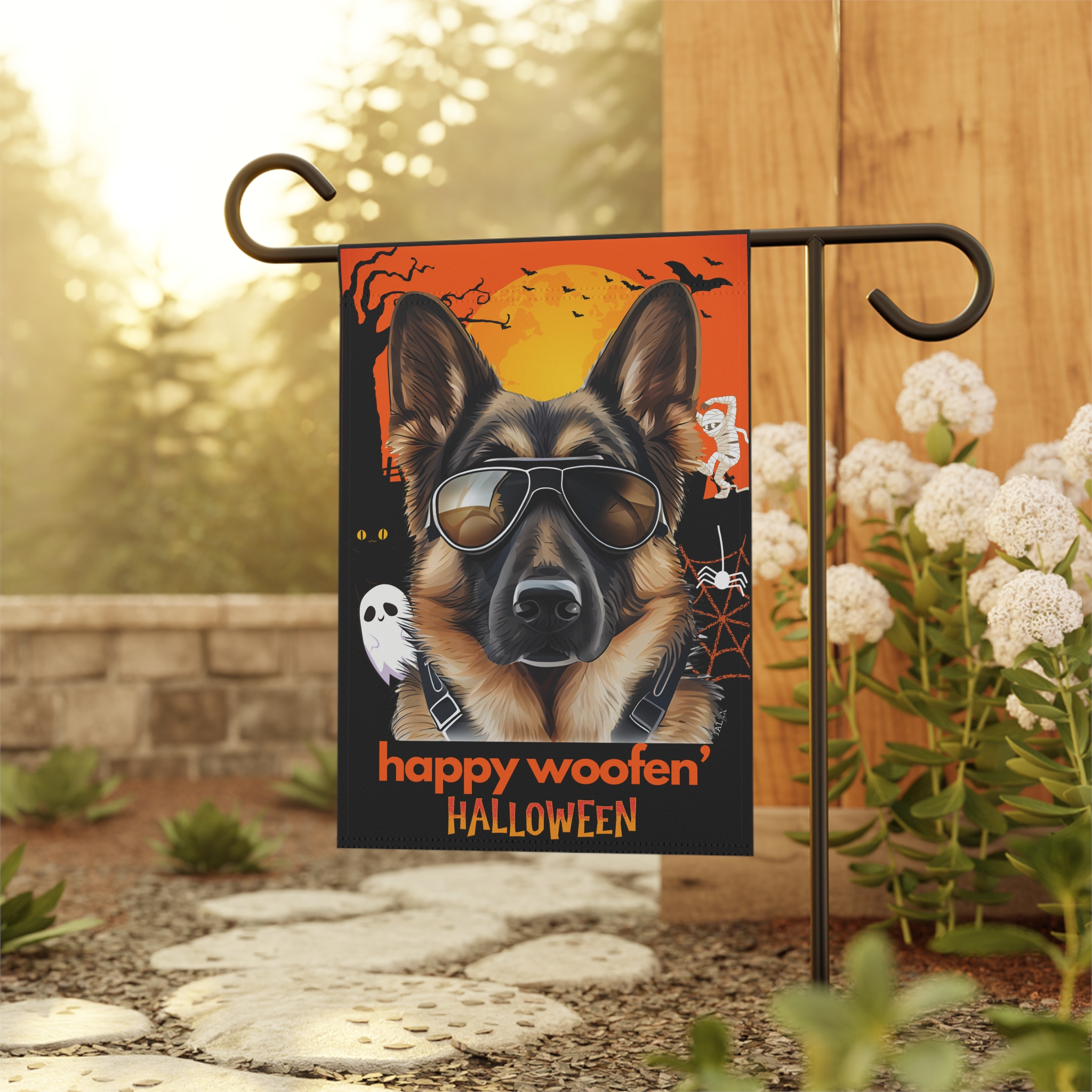 German Shepherd Flag, Garden Flag, Happy Woofen' Halloween, House Flag, Banner, Printed Both Sides - Image 3